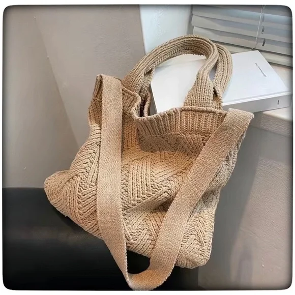 NEW Bohemian Soft Knit Handbag w/ shoulder strap Versatile Foldable Color KHAKI - Picture 6 of 6